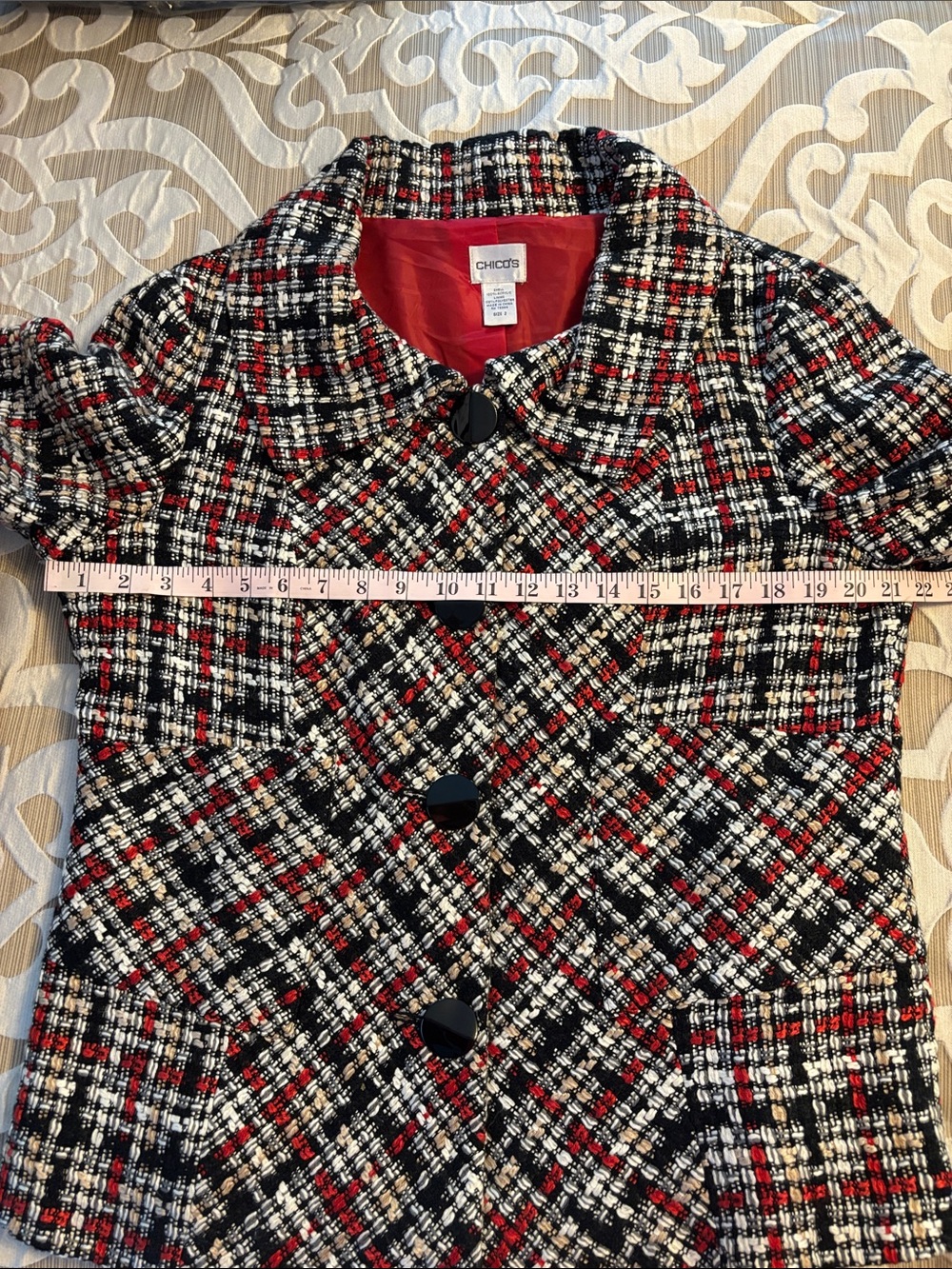 Chico's Black, White & Red Plaid Tweed Pea Coat - Picture 4 of 6